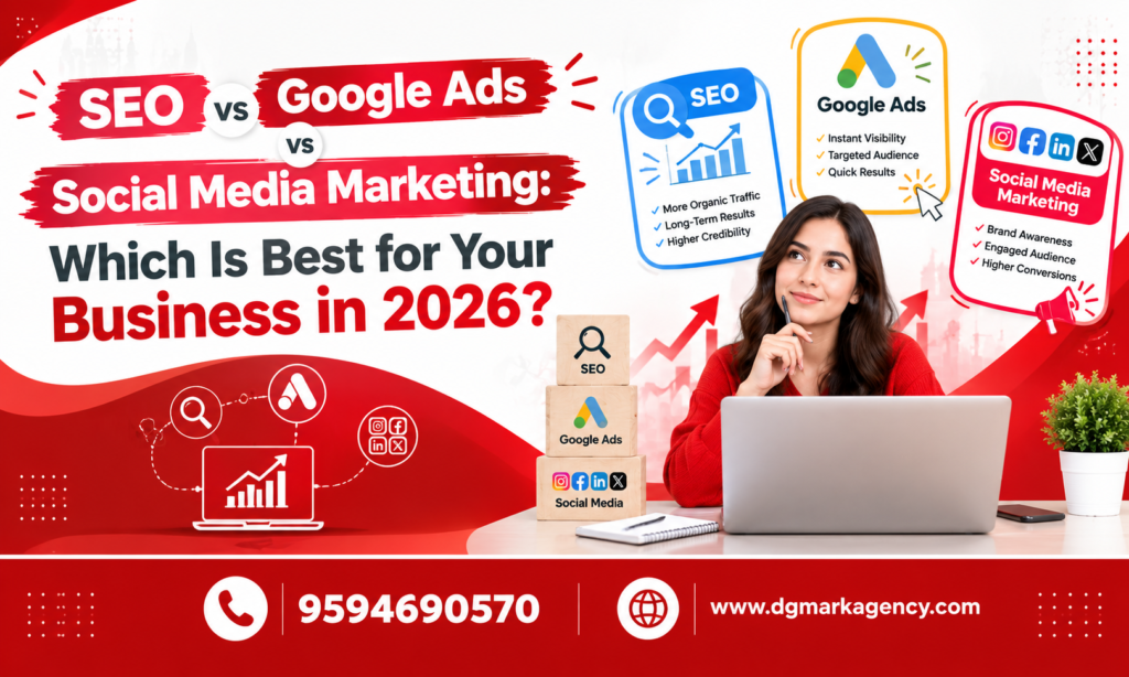 SEO vs Google Ads vs Social Media Marketing- DGmark Agency